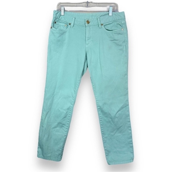 Tory Burch Alexa Cropped Jean Mint Green Goldtone Logo Buttons Size 29 - Picture 12 of 13
